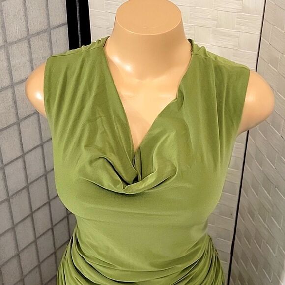 EVAN-PICONE DRAPED NECKLINE SLEEVELESS RUCHED MIDI DRESS - Picture 9 of 13